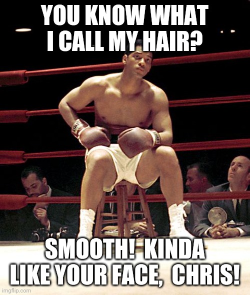 Ali will smith | YOU KNOW WHAT I CALL MY HAIR? SMOOTH!  KINDA LIKE YOUR FACE,  CHRIS! | image tagged in ali will smith | made w/ Imgflip meme maker