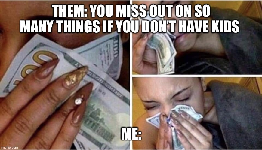 Disposable income | THEM: YOU MISS OUT ON SO MANY THINGS IF YOU DON’T HAVE KIDS; ME: | image tagged in wipe tears with money | made w/ Imgflip meme maker