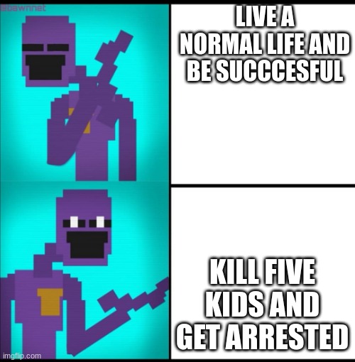 Drake Hotline Bling Meme FNAF EDITION |  LIVE A NORMAL LIFE AND BE SUCCCESFUL; KILL FIVE KIDS AND GET ARRESTED | image tagged in drake hotline bling meme fnaf edition | made w/ Imgflip meme maker