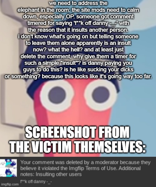 read this site mods. this is not okay. this is NOT okay. | we need to address the elephant in the room: the site mods need to calm down, especially OP. someone got comment timered for saying 'f**k off danny -_-' with the reason that it insults another person. i don't know what's going on but telling someone to leave them alone apparently is an insult now? what the hell? and at least just delete the comment, why give them a timer for such a simple "insult"? is danny paying you guys to do this? is he like sucking your dicks or something? because this looks like it's going way too far. SCREENSHOT FROM THE VICTIM THEMSELVES: | image tagged in tabs stare | made w/ Imgflip meme maker