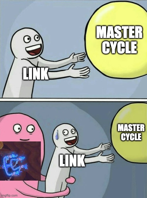 i got killed by a BOKO with a KOROK LEAF bc of this stupid fork. | MASTER CYCLE; LINK; MASTER CYCLE; LINK | image tagged in memes,running away balloon,the legend of zelda breath of the wild | made w/ Imgflip meme maker