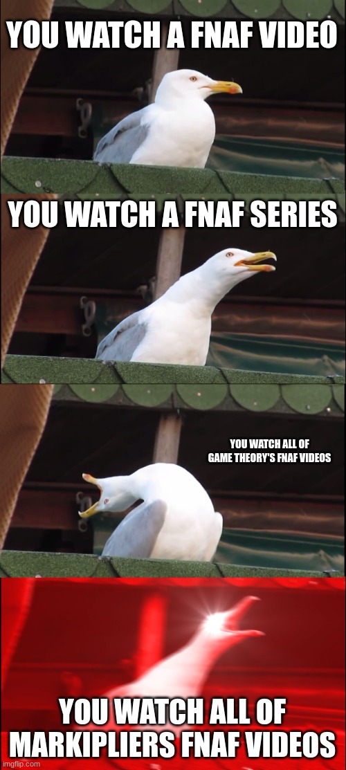 only real fnaf people will get it |  YOU WATCH A FNAF VIDEO; YOU WATCH A FNAF SERIES; YOU WATCH ALL OF GAME THEORY'S FNAF VIDEOS; YOU WATCH ALL OF MARKIPLIERS FNAF VIDEOS | image tagged in memes,inhaling seagull | made w/ Imgflip meme maker