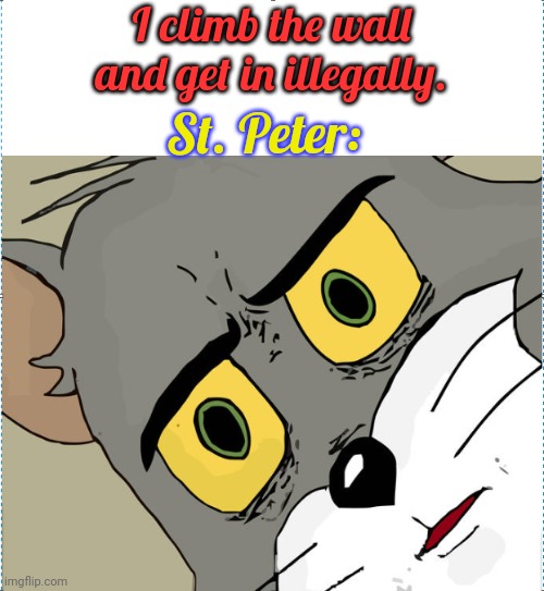 Pearly Gates | I climb the wall and get in illegally. St. Peter: | image tagged in unsettled tom,christianity,you had one job,fence aka border wall,welcome to heaven,i'm dead | made w/ Imgflip meme maker
