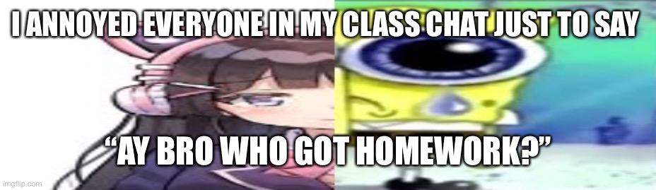 lol | I ANNOYED EVERYONE IN MY CLASS CHAT JUST TO SAY; “AY BRO WHO GOT HOMEWORK?” | image tagged in lol | made w/ Imgflip meme maker