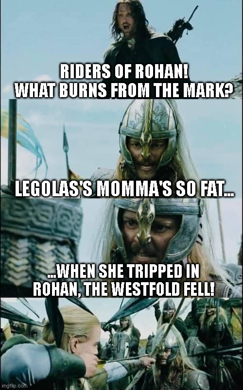Legolas's Momma's So Fat... | RIDERS OF ROHAN! WHAT BURNS FROM THE MARK? LEGOLAS'S MOMMA'S SO FAT... ...WHEN SHE TRIPPED IN ROHAN, THE WESTFOLD FELL! | image tagged in what news from the mark,lotr,lord of the rings,the lord of the rings,legolas,yo momma | made w/ Imgflip meme maker