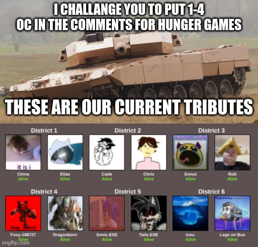 1-4 oc per person | I CHALLANGE YOU TO PUT 1-4 OC IN THE COMMENTS FOR HUNGER GAMES; THESE ARE OUR CURRENT TRIBUTES | image tagged in challenger tank | made w/ Imgflip meme maker