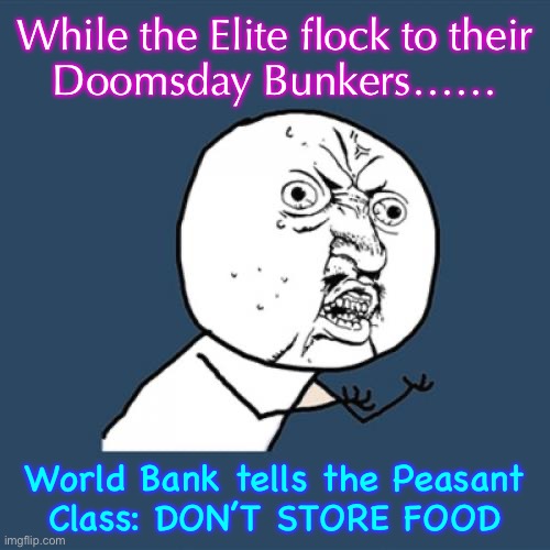 Ya damn useless eaters | While the Elite flock to their
Doomsday Bunkers……; World Bank tells the Peasant
Class: DON’T STORE FOOD | image tagged in memes,y u no | made w/ Imgflip meme maker