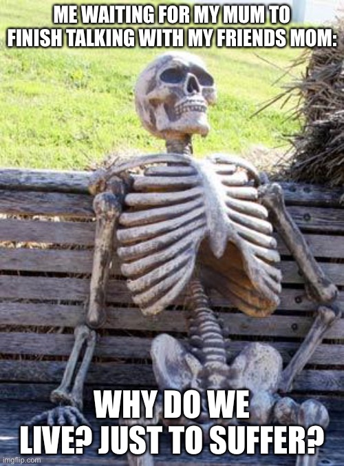 Why | ME WAITING FOR MY MUM TO FINISH TALKING WITH MY FRIENDS MOM:; WHY DO WE LIVE? JUST TO SUFFER? | image tagged in memes,waiting skeleton,friends,i hate my life,depression | made w/ Imgflip meme maker