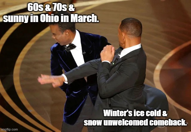 Warm temps in March get slapped. | 60s & 70s & sunny in Ohio in March. Winter's ice cold & snow unwelcomed comeback. | image tagged in will smith punching chris rock | made w/ Imgflip meme maker