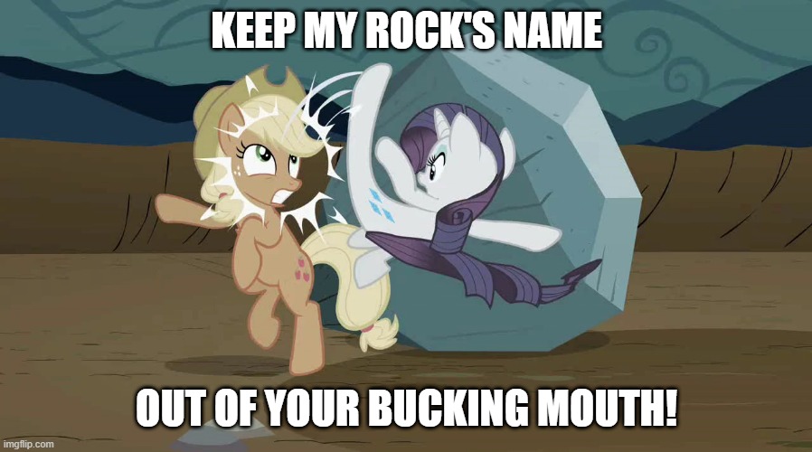 Keep My Rock's Name Out of Your Bucking Mouth | KEEP MY ROCK'S NAME; OUT OF YOUR BUCKING MOUTH! | image tagged in my little pony friendship is magic | made w/ Imgflip meme maker