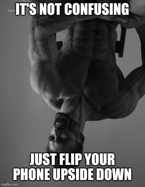 Giga Chad | IT'S NOT CONFUSING JUST FLIP YOUR PHONE UPSIDE DOWN | image tagged in giga chad | made w/ Imgflip meme maker