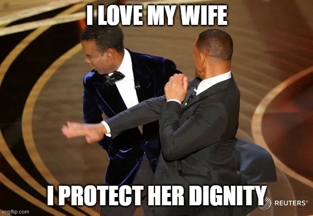 Will Smith punching Chris Rock | I LOVE MY WIFE; I PROTECT HER DIGNITY | image tagged in will smith punching chris rock | made w/ Imgflip meme maker