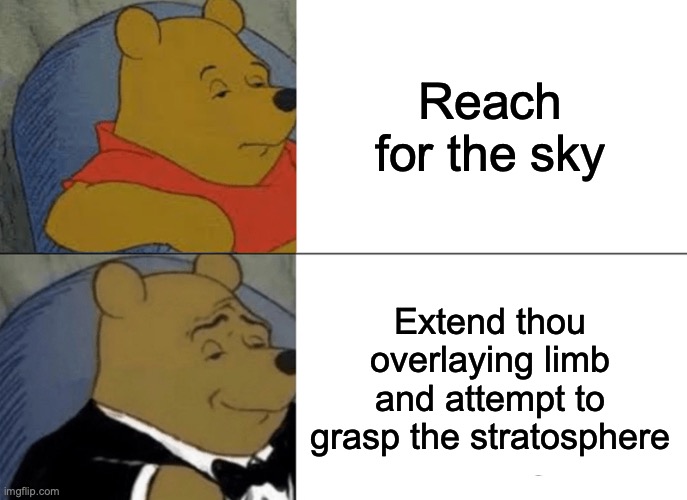 Inspiration taken from ErrorIsCritical, try to make this one even more fancy :) |  Reach for the sky; Extend thou overlaying limb and attempt to grasp the stratosphere | image tagged in memes,tuxedo winnie the pooh,toy story,buzz lightyear | made w/ Imgflip meme maker