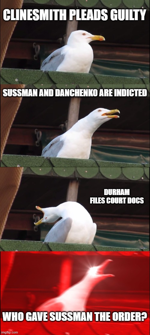Inhaling Seagull | CLINESMITH PLEADS GUILTY; SUSSMAN AND DANCHENKO ARE INDICTED; DURHAM FILES COURT DOCS; WHO GAVE SUSSMAN THE ORDER? | image tagged in memes,inhaling seagull | made w/ Imgflip meme maker