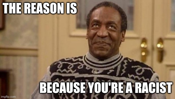 Bill Cosby | THE REASON IS BECAUSE YOU'RE A RACIST | image tagged in bill cosby | made w/ Imgflip meme maker