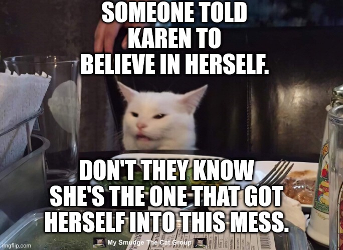SOMEONE TOLD KAREN TO BELIEVE IN HERSELF. DON'T THEY KNOW SHE'S THE ONE THAT GOT HERSELF INTO THIS MESS. | image tagged in smudge the cat,woman yelling at cat | made w/ Imgflip meme maker