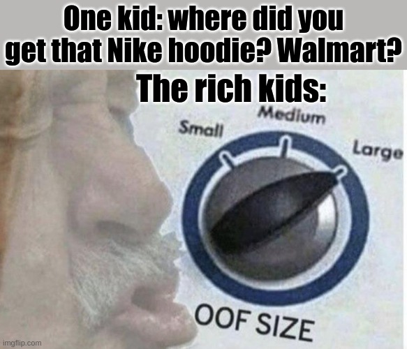 big oof | One kid: where did you get that Nike hoodie? Walmart? The rich kids: | image tagged in oof size large | made w/ Imgflip meme maker