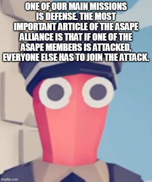 Correction: *everyone else has to defend the attacked member | ONE OF OUR MAIN MISSIONS IS DEFENSE. THE MOST IMPORTANT ARTICLE OF THE ASAPE ALLIANCE IS THAT IF ONE OF THE ASAPE MEMBERS IS ATTACKED, EVERYONE ELSE HAS TO JOIN THE ATTACK. | image tagged in tabs stare | made w/ Imgflip meme maker
