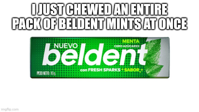 Mint Beldent | I JUST CHEWED AN ENTIRE PACK OF BELDENT MINTS AT ONCE | image tagged in mint beldent | made w/ Imgflip meme maker