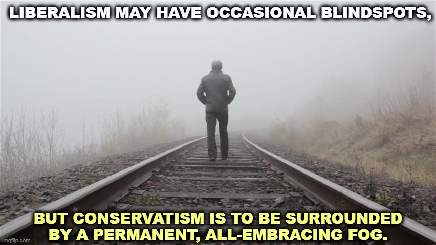 MAGA, watch out for oncoming trains. | LIBERALISM MAY HAVE OCCASIONAL BLINDSPOTS, BUT CONSERVATISM IS TO BE SURROUNDED BY A PERMANENT, ALL-EMBRACING FOG. | image tagged in liberalism,not,perfect,conservatism,fog,forever | made w/ Imgflip meme maker