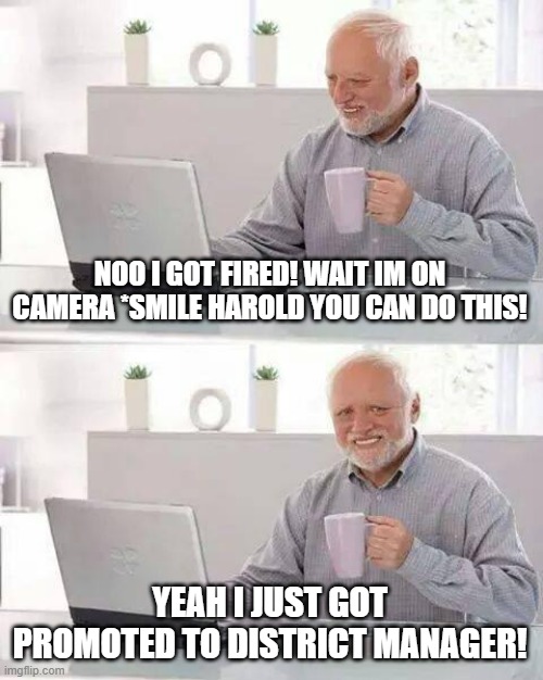 Harold....good luck | NOO I GOT FIRED! WAIT IM ON CAMERA *SMILE HAROLD YOU CAN DO THIS! YEAH I JUST GOT PROMOTED TO DISTRICT MANAGER! | image tagged in memes,hide the pain harold | made w/ Imgflip meme maker