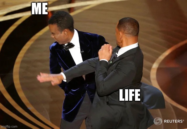 Life hits you… | ME; LIFE | image tagged in will smith punching chris rock | made w/ Imgflip meme maker