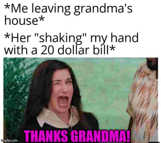 THANKS GRANDMA! | image tagged in grandma,house,dollar,money | made w/ Imgflip meme maker