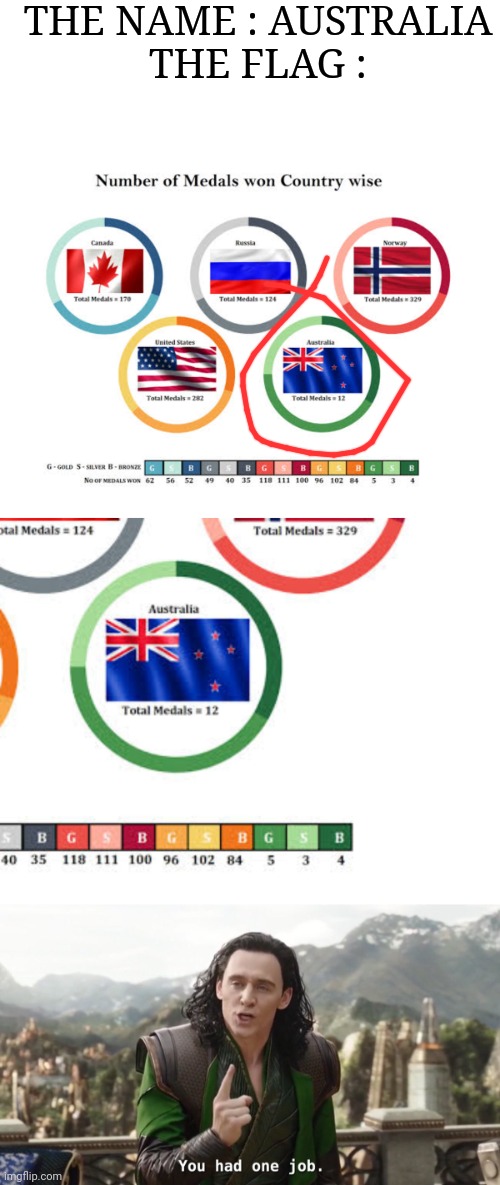 Lol New Zealand | THE NAME : AUSTRALIA
THE FLAG : | image tagged in you had one job just the one,australia,new zealand,flag,gold medal,pie charts | made w/ Imgflip meme maker