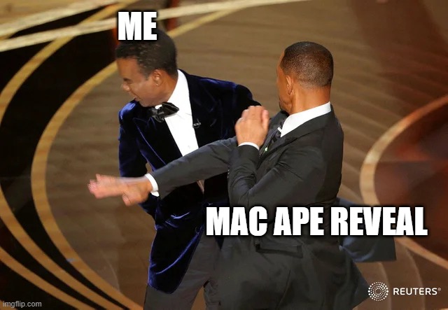 reveal | ME; MAC APE REVEAL | image tagged in will smith punching chris rock | made w/ Imgflip meme maker