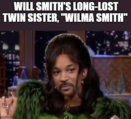 Will Smith's Twin Sister | WILL SMITH'S LONG-LOST TWIN SISTER, "WILMA SMITH" | image tagged in will smith,will smith punching chris rock,oscars,sister,funny,memes | made w/ Imgflip meme maker