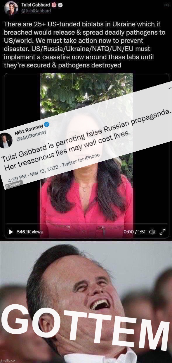 Mitt Romney’s clean hit on Tulsi Gabbard’s “biolab” crap [Russian decoy for potential use of its own chemical weapons] | GOTTEM | image tagged in tulsi gabbard traffics in biolab theory,memes,small face romney | made w/ Imgflip meme maker