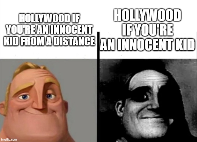 Heartbreaking. Can't single Hollywood out, of course, but there's a huge concentration of it. It parallels the Catholic Church. | HOLLYWOOD IF YOU'RE AN INNOCENT KID; HOLLYWOOD IF YOU'RE AN INNOCENT KID FROM A DISTANCE | image tagged in teacher's copy,scumbag hollywood,catholic church,rape culture,satanism,pedophiles | made w/ Imgflip meme maker