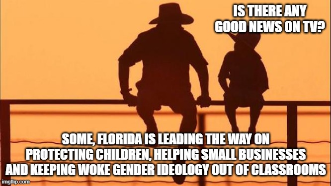 Cowboy wisdom, Florida is full of good news | IS THERE ANY GOOD NEWS ON TV? SOME, FLORIDA IS LEADING THE WAY ON PROTECTING CHILDREN, HELPING SMALL BUSINESSES AND KEEPING WOKE GENDER IDEOLOGY OUT OF CLASSROOMS | image tagged in cowboy father and son,cowboy wisdom,protect the little ones,way to go desantis,no grooming,true leadership | made w/ Imgflip meme maker