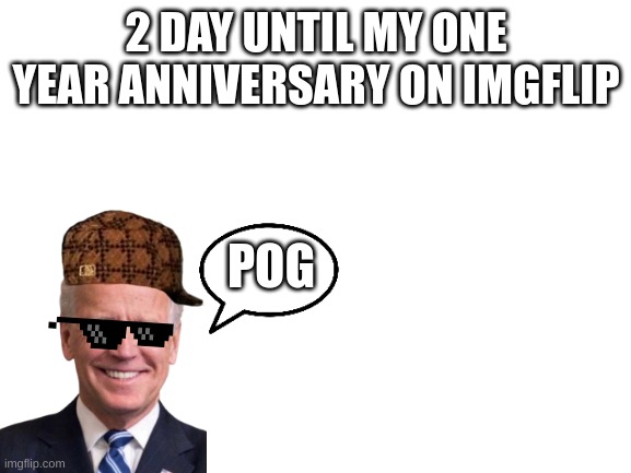 2 days wooooooo | 2 DAY UNTIL MY ONE YEAR ANNIVERSARY ON IMGFLIP; POG | image tagged in blank white template | made w/ Imgflip meme maker