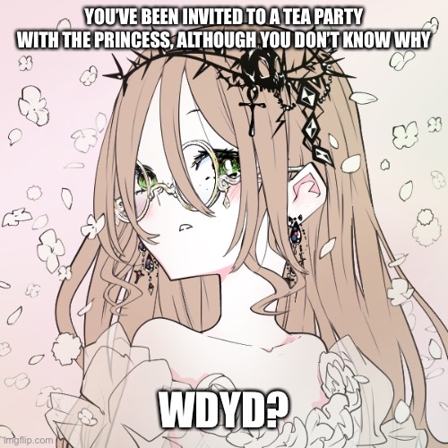 Morning besties, I’ve been thinking and I have a rp for you | YOU’VE BEEN INVITED TO A TEA PARTY WITH THE PRINCESS, ALTHOUGH YOU DON’T KNOW WHY; WDYD? | image tagged in roleplaying | made w/ Imgflip meme maker