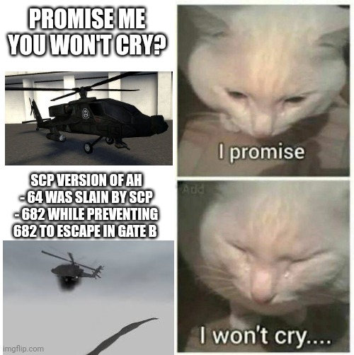 Scp Containment Breach meme's | PROMISE ME YOU WON'T CRY? SCP VERSION OF AH - 64 WAS SLAIN BY SCP - 682 WHILE PREVENTING 682 TO ESCAPE IN GATE B | image tagged in i promise i won't cry | made w/ Imgflip meme maker
