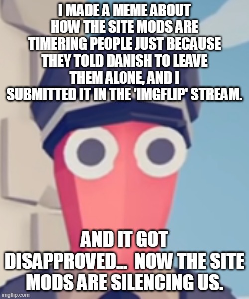 TABS Stare | I MADE A MEME ABOUT HOW THE SITE MODS ARE TIMERING PEOPLE JUST BECAUSE THEY TOLD DANISH TO LEAVE THEM ALONE, AND I SUBMITTED IT IN THE 'IMGFLIP' STREAM. AND IT GOT DISAPPROVED...  NOW THE SITE MODS ARE SILENCING US. | image tagged in tabs stare | made w/ Imgflip meme maker