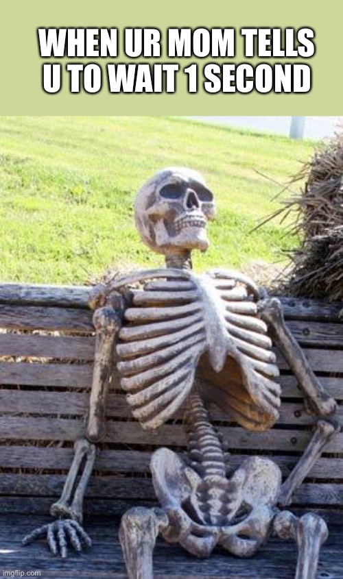 Waiting Skeleton | WHEN UR MOM TELLS U TO WAIT 1 SECOND | image tagged in memes,waiting skeleton | made w/ Imgflip meme maker