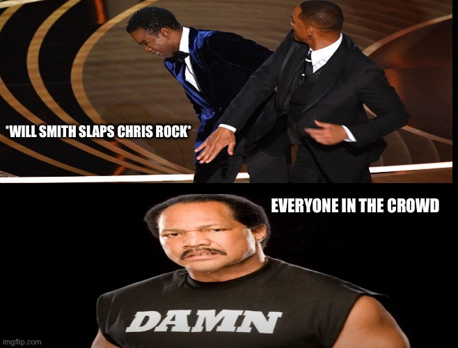 Will Smith Slaps Chris Rock Damn | *WILL SMITH SLAPS CHRIS ROCK*; EVERYONE IN THE CROWD | image tagged in will smith slaps chris rock,damn,farooq,funny memes,oscars | made w/ Imgflip meme maker