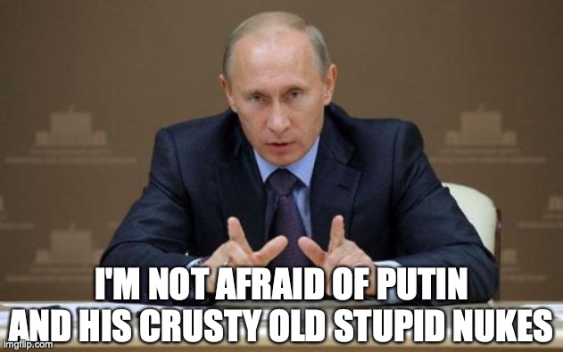 Vladimir Putin | I'M NOT AFRAID OF PUTIN AND HIS CRUSTY OLD STUPID NUKES | image tagged in memes,vladimir putin | made w/ Imgflip meme maker