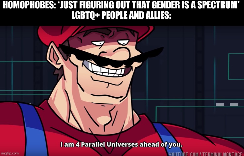 How did it take this long? They’re so confused, lol | HOMOPHOBES: *JUST FIGURING OUT THAT GENDER IS A SPECTRUM*
LGBTQ+ PEOPLE AND ALLIES: | image tagged in mario i am four parallel universes ahead of you,lgbt,memes | made w/ Imgflip meme maker