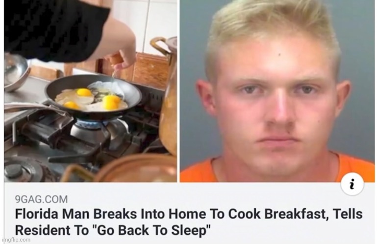 Personally, I'd let him stay just for the breakfast, then I'm calling the cops | image tagged in florida man | made w/ Imgflip meme maker