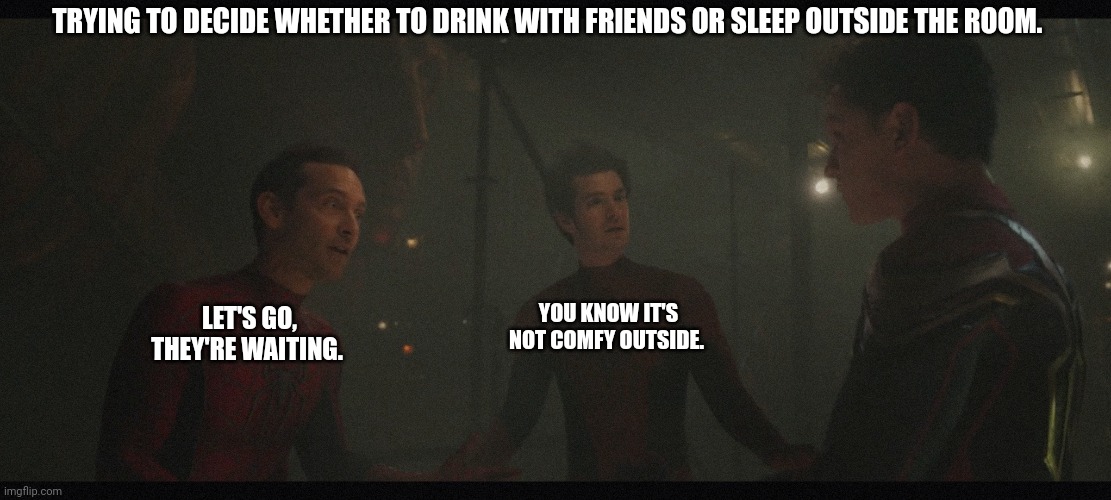 Undecided | TRYING TO DECIDE WHETHER TO DRINK WITH FRIENDS OR SLEEP OUTSIDE THE ROOM. YOU KNOW IT'S NOT COMFY OUTSIDE. LET'S GO, THEY'RE WAITING. | image tagged in no way home,spiderman,spidey | made w/ Imgflip meme maker