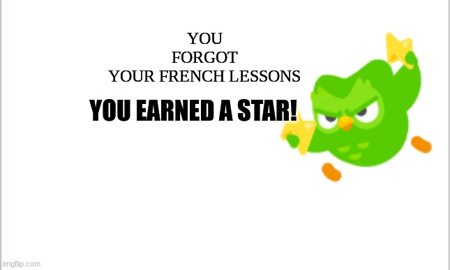 Oh Shi- | YOU FORGOT YOUR FRENCH LESSONS; YOU EARNED A STAR! | image tagged in duolingo,happy star congratulations | made w/ Imgflip meme maker