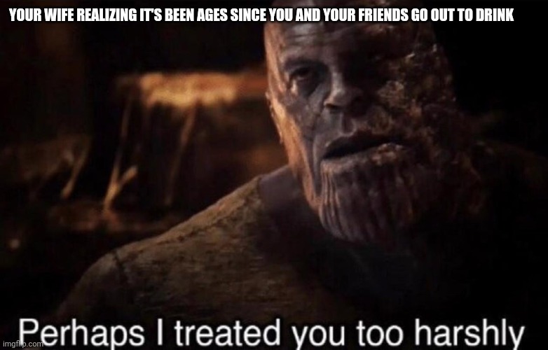 A sad story | YOUR WIFE REALIZING IT'S BEEN AGES SINCE YOU AND YOUR FRIENDS GO OUT TO DRINK | image tagged in perhaps i treated you too harshly,thanos | made w/ Imgflip meme maker
