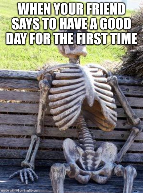 XD | WHEN YOUR FRIEND SAYS TO HAVE A GOOD DAY FOR THE FIRST TIME | image tagged in memes,waiting skeleton | made w/ Imgflip meme maker