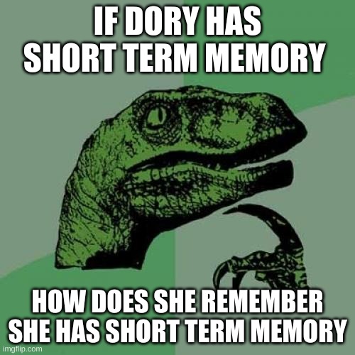 The more u know | IF DORY HAS SHORT TERM MEMORY; HOW DOES SHE REMEMBER SHE HAS SHORT TERM MEMORY | image tagged in memes,philosoraptor | made w/ Imgflip meme maker