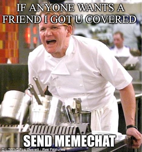 Chef Gordon Ramsay |  IF ANYONE WANTS A FRIEND I GOT U COVERED; SEND MEMECHAT | image tagged in memes,chef gordon ramsay | made w/ Imgflip meme maker