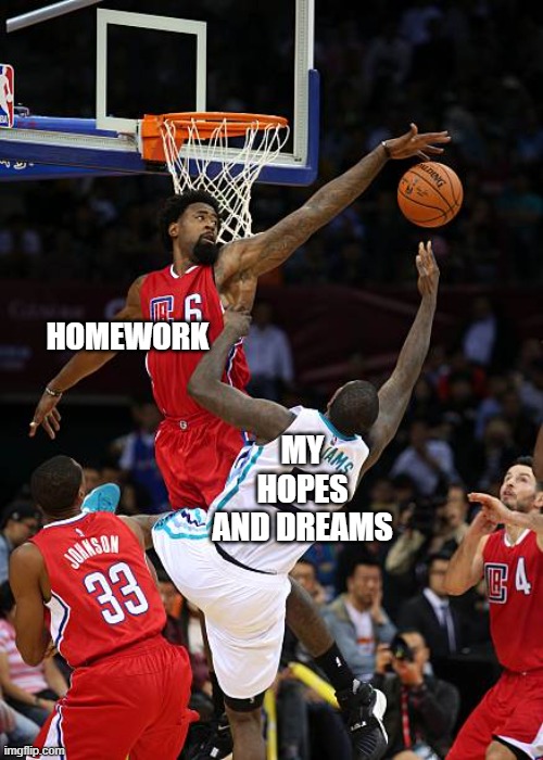 Basketball Denied |  HOMEWORK; MY HOPES AND DREAMS | image tagged in basketball denied | made w/ Imgflip meme maker