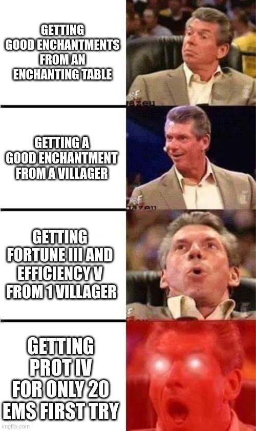 Enchantment RNG be like | GETTING GOOD ENCHANTMENTS FROM AN ENCHANTING TABLE; GETTING A GOOD ENCHANTMENT FROM A VILLAGER; GETTING FORTUNE III AND EFFICIENCY V  FROM 1 VILLAGER; GETTING PROT IV FOR ONLY 20 EMS FIRST TRY | image tagged in vince mcmahon reaction w/glowing eyes | made w/ Imgflip meme maker